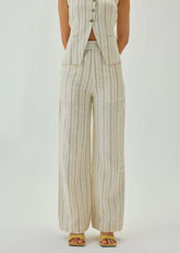 Linen Off White Striped Straight Pants